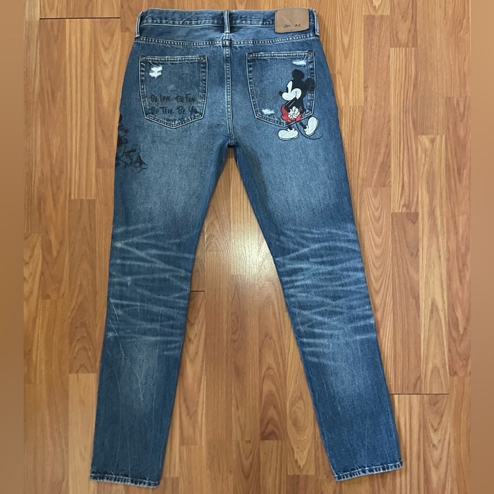 AE DISNEY MICKEY MOUSE Distress Slim Jeans DONALD DUCK GOOFY PLUTO Unisex 32X34 - Picture 5 of 16